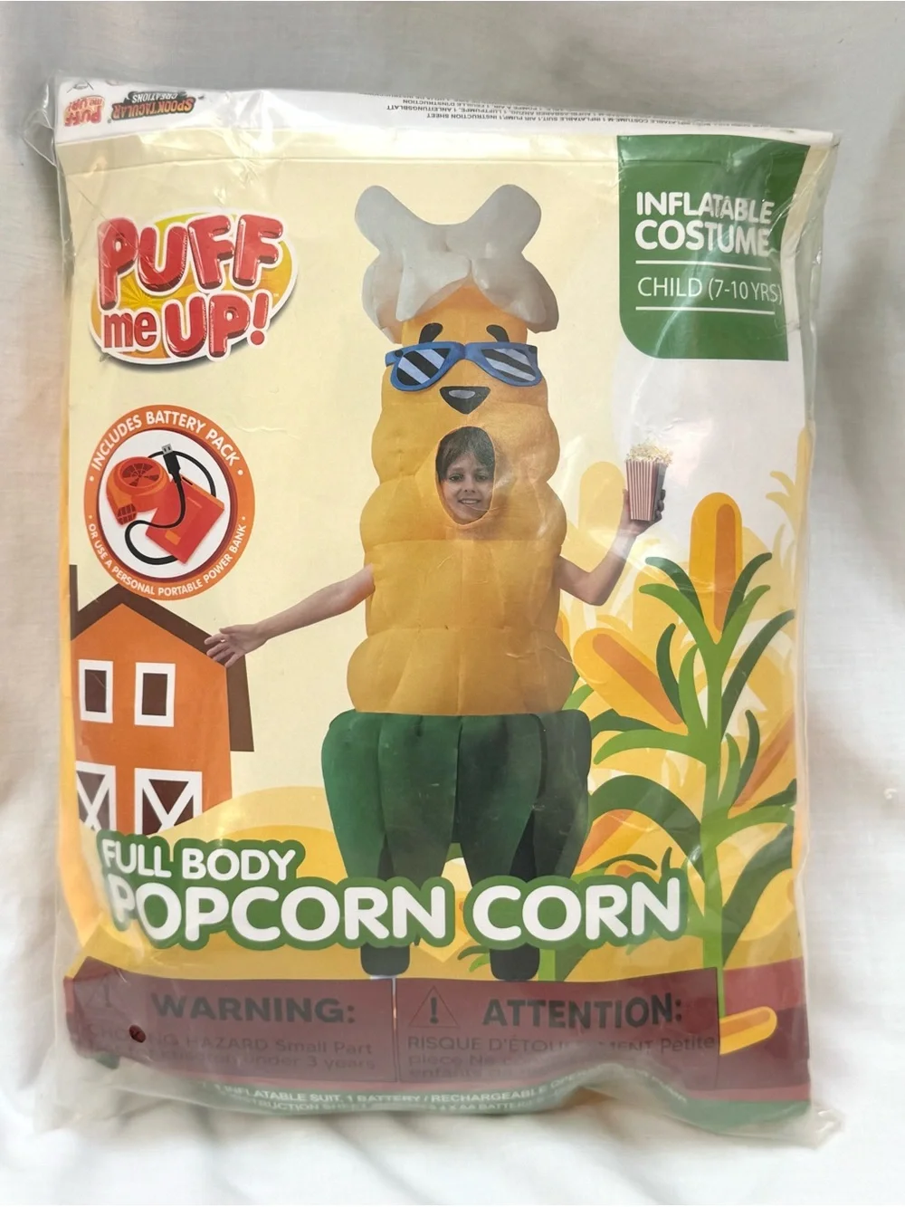 New Spooktacular Creations Puff Me Up Inflatable Popcorn Corn Costume Kids 7-10